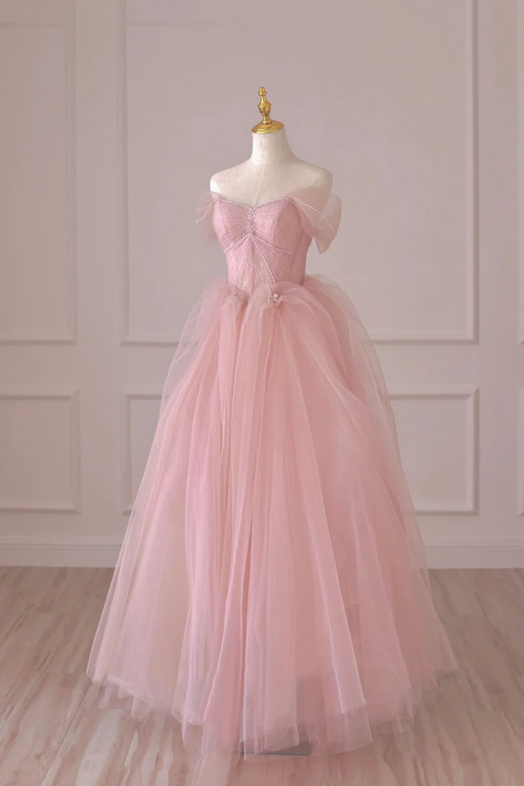 Pink Tulle Lace Long Formal Dress, A Line Off Shoulder Pink Prom Dress kateprom Pink Tulle Lace Long Formal Dress, A Line Off Shoulder Pink Prom Dress kateprom
