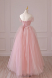 Pink Tulle Lace Long Formal Dress, A Line Off Shoulder Pink Prom Dress KPP1754