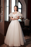 White Tulle Long Prom Dress, Lovely A Line Puff Sleeve Evening Dress KPP1755