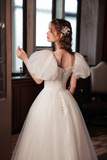 White Tulle Long Prom Dress, Lovely A Line Puff Sleeve Evening Dress KPP1755