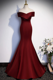 Burgundy Mermaid Long Prom Dress, Off the Shoulder V Neck Formal Evening Dress KPP1756