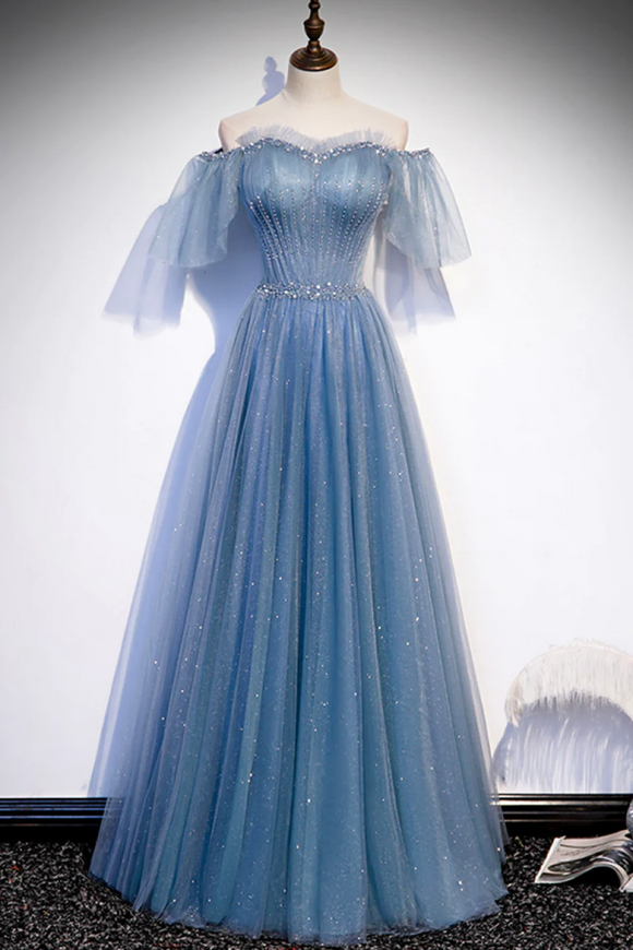 Blue Tulle Lace Off Shoulder Tulle Prom Dress Fairy Dress Aesthetic Vintage Formal Dresses Blue Tulle Long A Line Prom Dress, Off The Shoulder Blue Tulle Lace Off Shoulder Tulle Prom Dress Fairy Dress Aesthetic Vintage Formal Dresses Blue Tulle Long A Line Prom Dress, Off The Shoulder