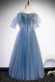 Blue Tulle Long A Line Prom Dress, Off the Shoulder Evening Party Dress KPP1759