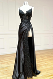 Black V Neck Lace Long Formal Dress, Black Spaghetti Strap Evening Gown with Leg Slits KPP1760