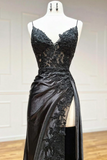 Black V Neck Lace Long Formal Dress, Black Spaghetti Strap Evening Gown with Leg Slits KPP1760