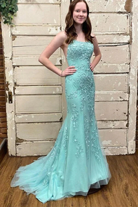 Green Tulle Mermaid Scoop Neck Lace Up Prom Dresses Evening Dresses KPP1761