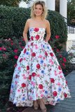 High Low Prom Dresses Strapless A Line Floral Print Long Ball Gown KPP1765
