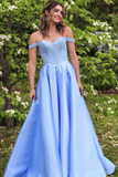 Off the Shoulder Light Blue Satin Long Prom Dress, Off Shoulder Formal Dress KPP1766