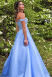 Off the Shoulder Light Blue Satin Long Prom Dress, Off Shoulder Formal Dress KPP1766