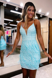 Sky Blue Spaghetti Straps V Neck Sequins Short Homecoming Dresses KPH0683