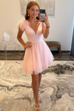 V Neck Open Back Pink Feathers Short Prom Dress, V Neck Pink Homecoming Dress KPH0684