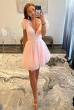 V Neck Open Back Pink Feathers Short Prom Dress, V Neck Pink Homecoming Dress KPH0684