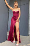 Simple Spaghetti Straps Long Prom Dresses with High Slit KPP1767