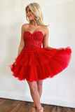 Sweetheart Neck Strapless Beaded Red Lace Homecoming Dress KPH0685
