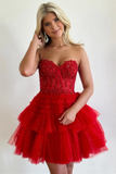 Sweetheart Neck Strapless Beaded Red Lace Homecoming Dress KPH0685