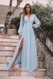 Light Blue Long Sleeves V Neck Chiffon Side Slit Prom Dresses KPP1768