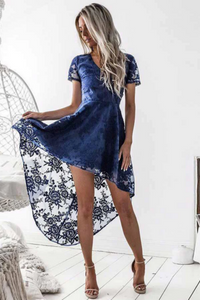 A Line V Neck Short Sleeves Blue Lace High Low Prom Dress Homecoming Dress KPH0687