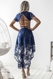 A Line V Neck Short Sleeves Blue Lace High Low Prom Dress Homecoming Dress KPH0687