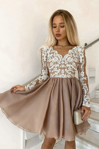 Long Sleeves V Neck Champagne Lace Prom Dresses, Short Homecoming Dress KPH0689