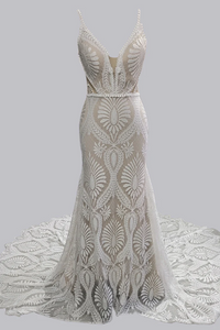 Elegant Spaghetti Straps V Neck Mermaid Lace Wedding Dresses KPW0745