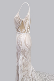 Elegant Spaghetti Straps V Neck Mermaid Lace Wedding Dresses KPW0745