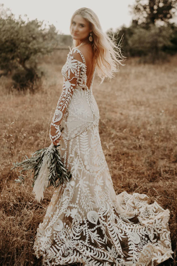 Unique Long Sleeves V Back Boho Beach Rustic Lace Wedding Dresses KPW0 – kateprom Unique Long Sleeves V Back Boho Beach Rustic Lace Wedding Dresses KPW0 – kateprom
