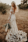 Unique Long Sleeves V Back Boho Beach Rustic Lace Wedding Dresses KPW0746