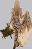 Unique Long Sleeves V Back Boho Beach Rustic Lace Wedding Dresses KPW0746