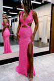 Charming Glitter Mermaid V Neck Hot Pink Sequins Prom Dresses with Slit KPP1770
