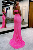 Charming Glitter Mermaid V Neck Hot Pink Sequins Prom Dresses with Slit KPP1770