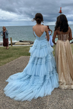 Charming A Line V Neck Light Blue Tulle Long Prom Dresses KPP1771