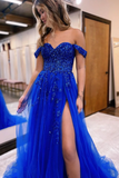 Cute A Line Off the Shoulder Royal Blue Prom Dresses with Appliques KPP1772