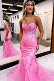 Cute Mermaid Sweetheart Pink Lace Long Prom Dresses with Beading KPP1773