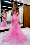 Cute Mermaid Sweetheart Pink Lace Long Prom Dresses with Beading KPP1773