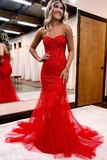 Cute Mermaid Sweetheart Red Tulle Prom Dresses with Appliques KPP1774
