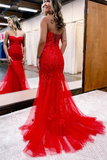 Cute Mermaid Sweetheart Red Tulle Prom Dresses with Appliques KPP1774
