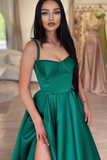 Simple A Line Green Satin Long Prom Dress with High Slit KPP1775
