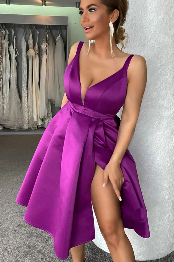 A Line Satin V Neck Purple Short Prom Homecoming Dresses with High Slit KPH0704