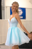 Princess V Neck Light Blue Tulle Short Prom Dress, V Neck Light Blue Homecoming Dress KPH0705