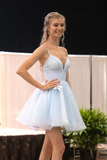 Princess V Neck Light Blue Tulle Short Prom Dress, V Neck Light Blue Homecoming Dress KPH0705