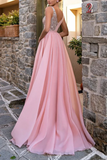 V Neck Pink Chiffon Lace Long Prom Dress with High Slit, Pink Formal Graduation Evening Dress KPP1776