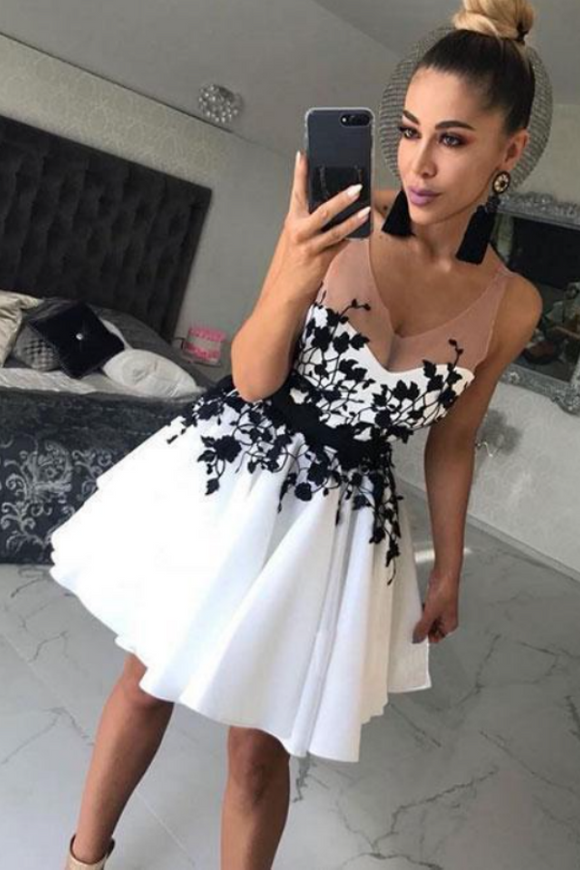 Sheer Straps Appliques White V Neck Pleated Satin A Line Keely Homecoming Dresses Short KPH0706