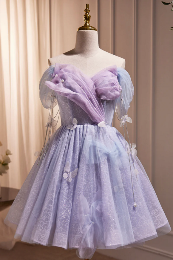 Purple Tulle Short Party Dress, Cute A-Line Off Shoulder Prom Dress KPH0710