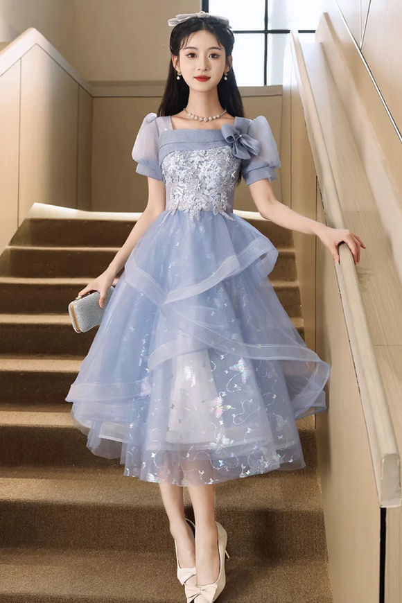 Blue Tulle Lace Knee Length Prom Dress, Cute Short Sleeve Evening Party Dress KPH0711