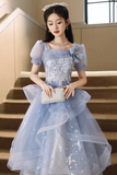 Blue Tulle Lace Knee Length Prom Dress, Cute Short Sleeve Evening Party Dress KPH0711