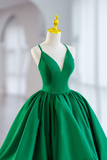 Green Satin Short A Line Prom Dress, Green V Neck Party Dress KPH0712
