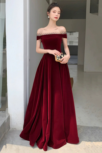 Burgundy Velvet Floor Length Prom Dress, Beautiful A Line Evening Party Dress KPP1777