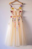 Champagne Corset Floral Tulle Short Prom Dress, Cute Champagne Homecoming Dress KPH0713