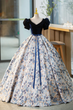 Blue Velvet Floor Length Prom Dress with Short Sleeve, Blue V Neck Formal Evening Dress KPP1778