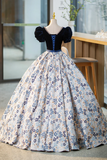 Blue Velvet Floor Length Prom Dress with Short Sleeve, Blue V Neck Formal Evening Dress KPP1778